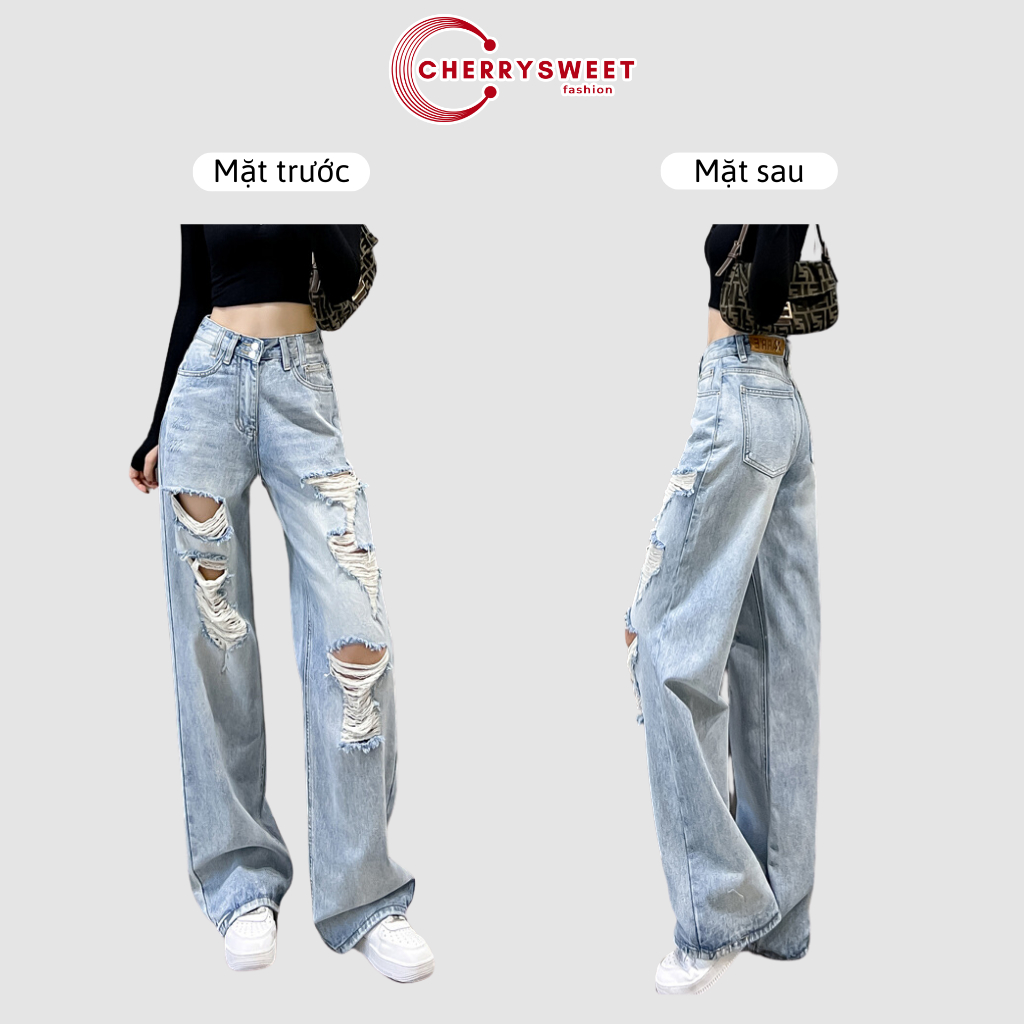 Quần bò ống rộng rách nữ CHERRYSWEET chất jean suông dài cạp cao, màu xanh cá tính, thời trang Hàn Quốc dễ phối đồ T064
