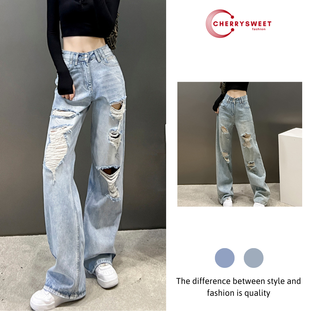 Quần bò ống rộng rách nữ CHERRYSWEET chất jean suông dài cạp cao, màu xanh cá tính, thời trang Hàn Quốc dễ phối đồ T064