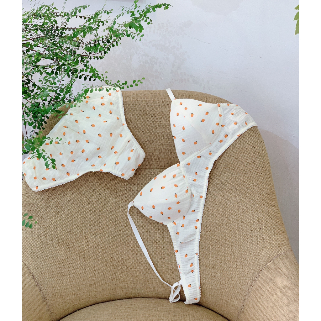 Set áo bra không gọng chất vải xô muslin thấm hút tốt họa tiết carrot