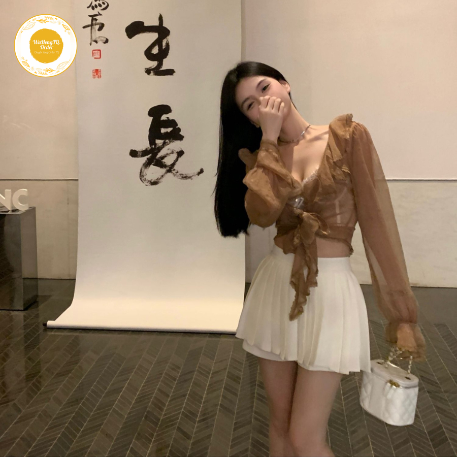 Áo Croptop Buộc Thắt Eo Tay Dài Loe Cổ Chữ V| Áo Khoác Cardigan Chiffon Bèo Viền Ren Xuyên Thấu| Áo Kiểu