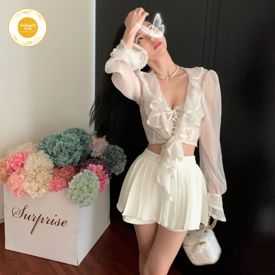 Áo Croptop Buộc Thắt Eo Tay Dài Loe Cổ Chữ V| Áo Khoác Cardigan Chiffon Bèo Viền Ren Xuyên Thấu| Áo Kiểu