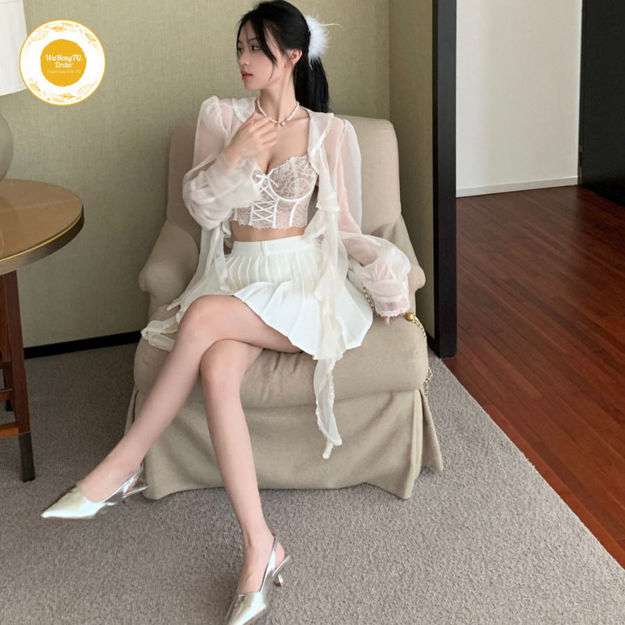 Áo Croptop Buộc Thắt Eo Tay Dài Loe Cổ Chữ V| Áo Khoác Cardigan Chiffon Bèo Viền Ren Xuyên Thấu| Áo Kiểu