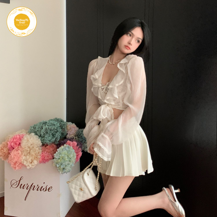 Áo Croptop Buộc Thắt Eo Tay Dài Loe Cổ Chữ V| Áo Khoác Cardigan Chiffon Bèo Viền Ren Xuyên Thấu| Áo Kiểu