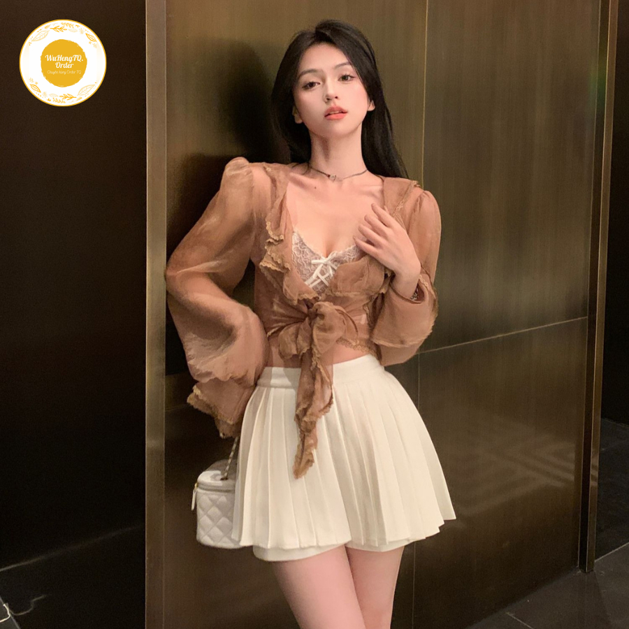 Áo Croptop Buộc Thắt Eo Tay Dài Loe Cổ Chữ V| Áo Khoác Cardigan Chiffon Bèo Viền Ren Xuyên Thấu| Áo Kiểu