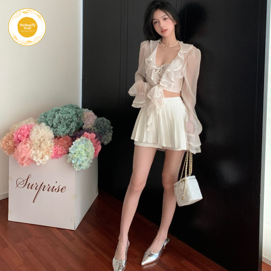 Áo Croptop Buộc Thắt Eo Tay Dài Loe Cổ Chữ V| Áo Khoác Cardigan Chiffon Bèo Viền Ren Xuyên Thấu| Áo Kiểu
