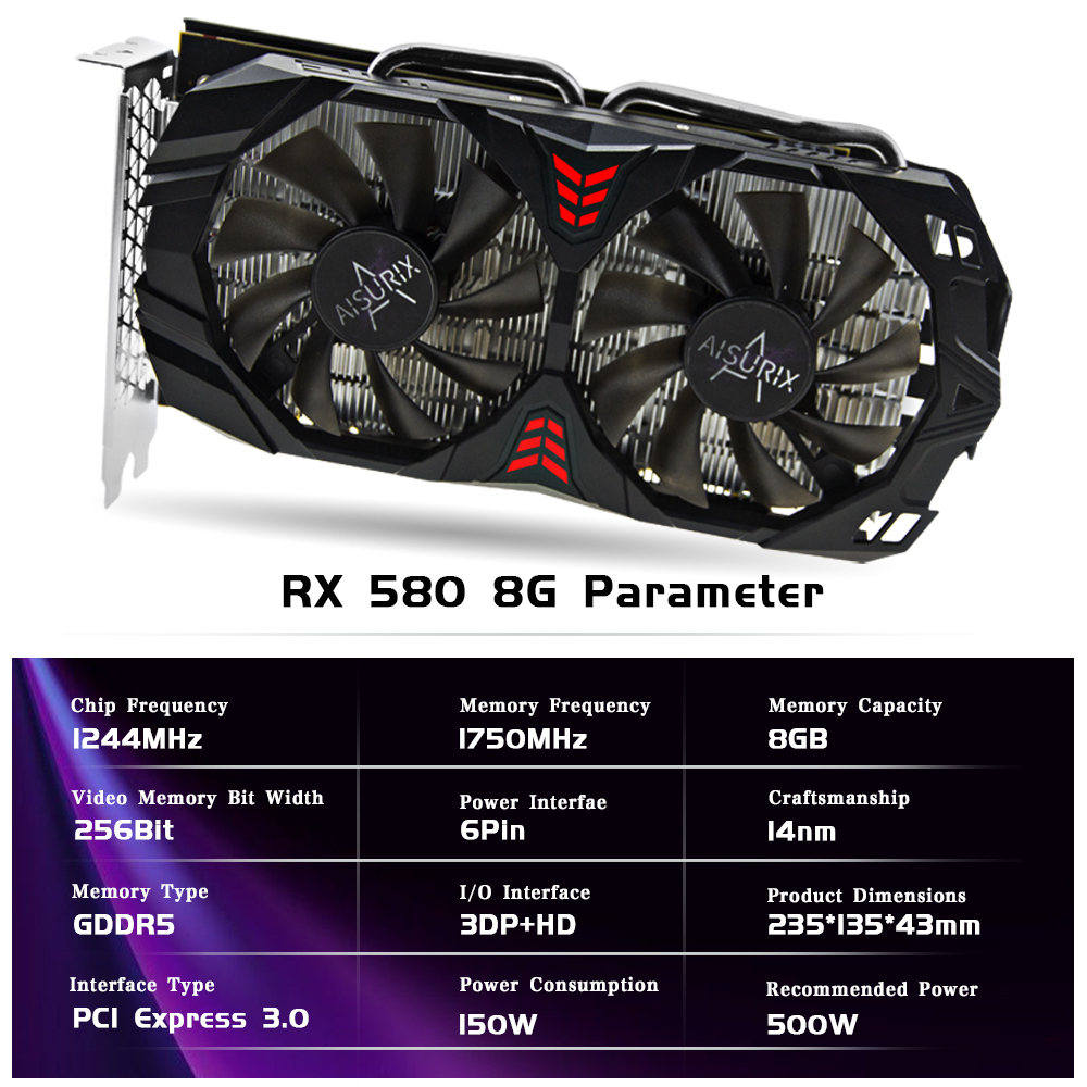 AISURIX RX 580 8GB Card màn hình VGA New GPU AMD GDDR5 PC Gaming