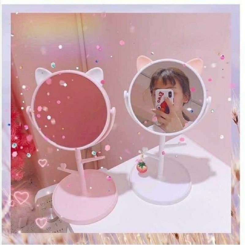 GƯƠNG TRANG ĐIỂM TAI MÈO DỄ THƯƠNG ĐỂ BÀN FREESHIP Gương Có Móc Treo Phụ Kiện