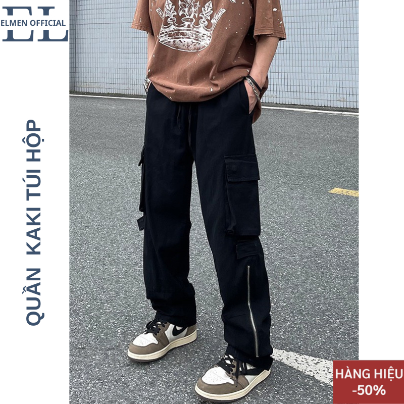 Quần jean túi hộp nam nữ màu đen ống suông ELMEN, Quần túi hộp Cargo pant phom rộng chất kaki vải dày dặn hottrend 2023 | BigBuy360 - bigbuy360.vn