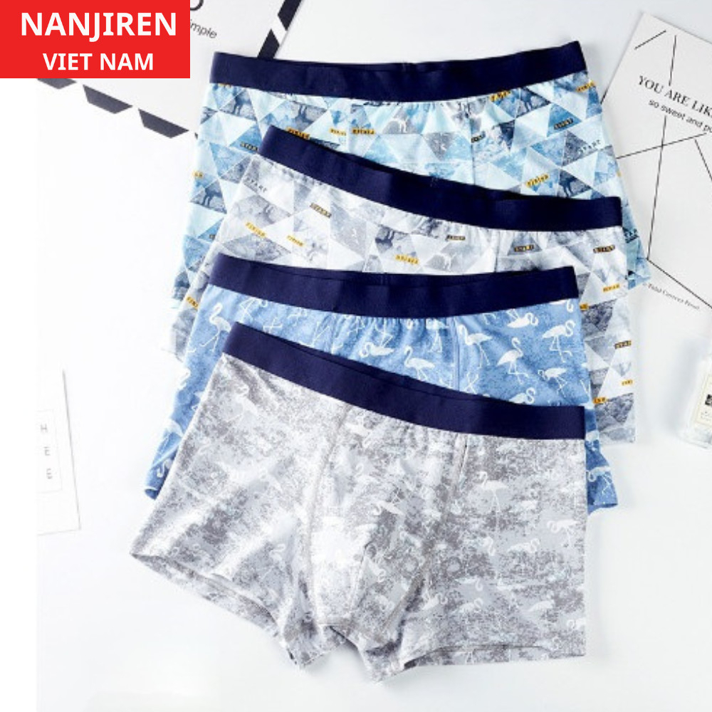 Hộp 4 Quần Sịp Boxer Nam Vải Cotton Nguyên Chất Cao Cấp Chính Hãng NANJIREN Họa Tiết Hình Học )