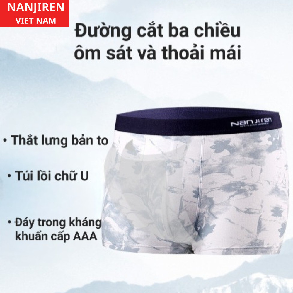 Hộp 4 Quần Sịp Boxer Nam Vải Cotton Nguyên Chất Cao Cấp Chính Hãng NANJIREN Họa Tiết Hình Học )