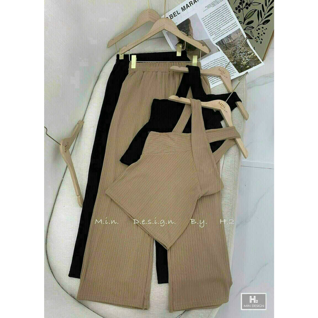 [6.6 Sales Freeship] Set bộ thun gân áo cổ yếm mix quần dài ống rộng, set bộ basic trơn màu thun gân dạo phố cá tính mtb