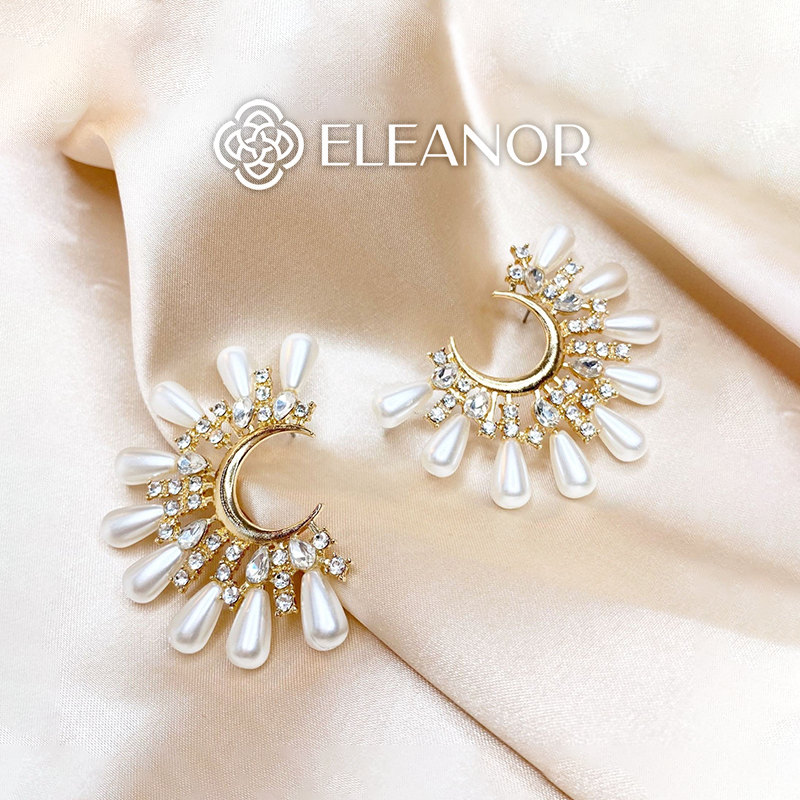 Bông tai nữ chuôi bạc 925 Eleanor Accessories dáng chữ C bản to đính đá ngọc trai nhân tạo phụ kiện trang sức 5692