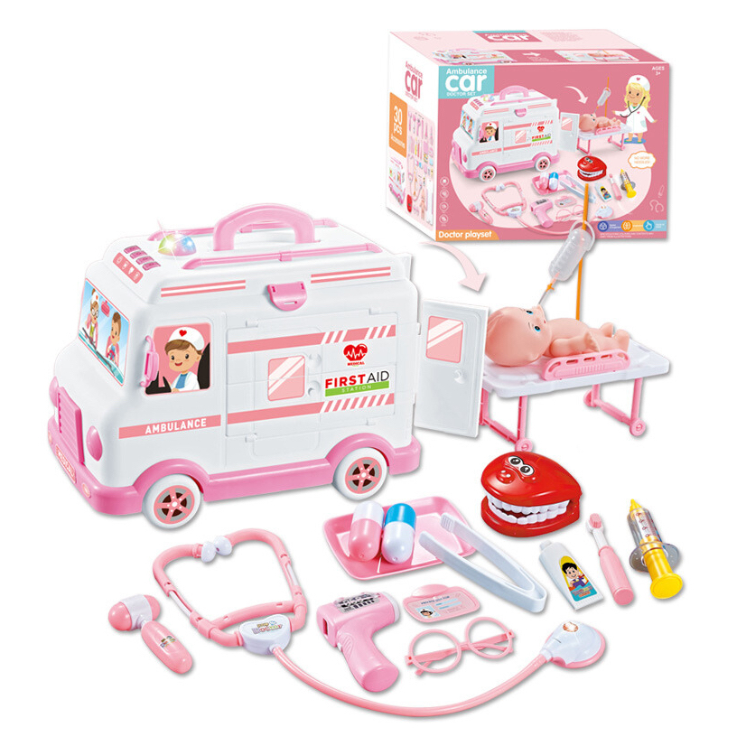 Đồ Chơi Bác Sĩ Mô Hình Xe Cứu Thương SIZE Lớn 30x20x23cm Chạy Bằng Pin, Có Nhạc, Đèn,30 chi tiết
