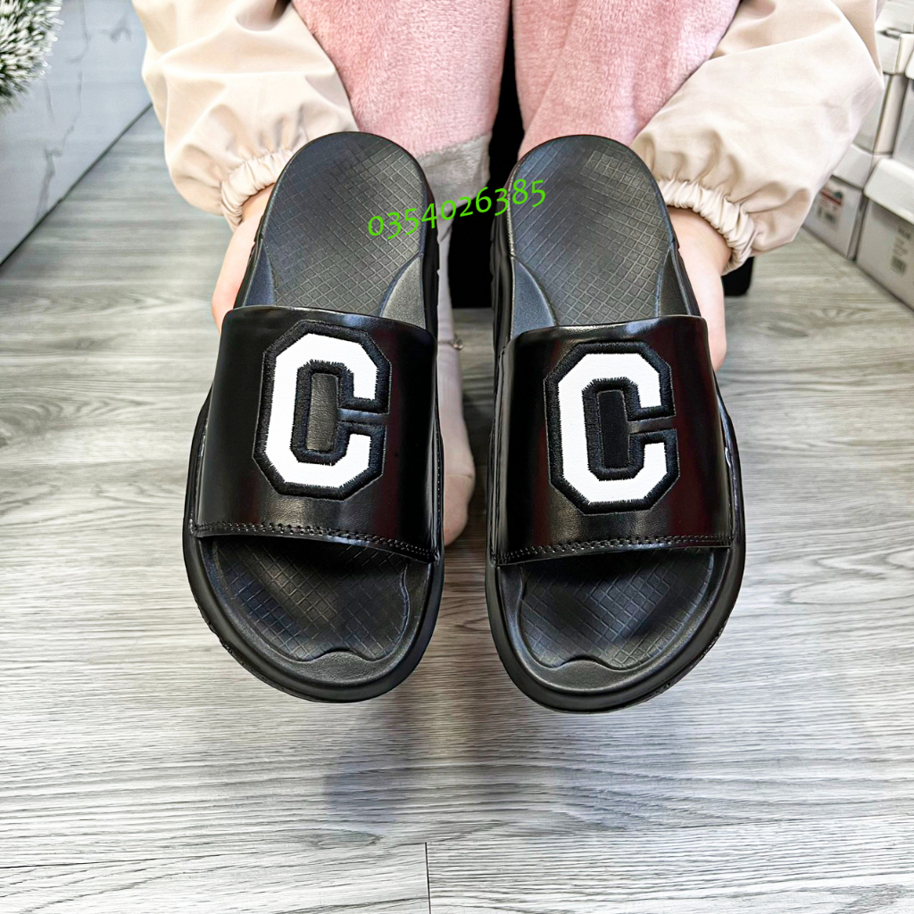 Dép CHƯ C, dép nam nữ quai ngang cao cấp tăng chiều cao đế chống trơn quai da họa tiết thêu C hot trend 2023