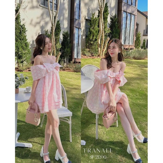 Đầm Xoè Hai Dây Trễ Vai Nơ Kèm Quần siêu xinh