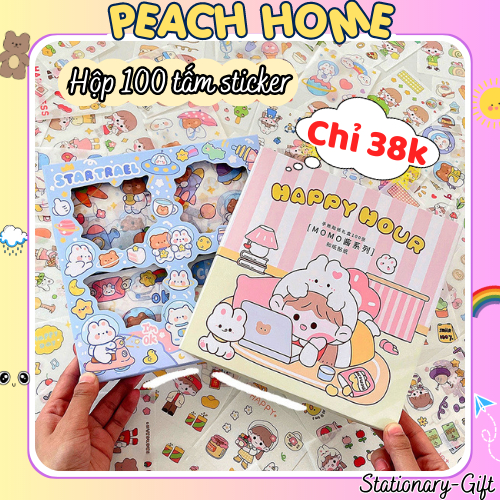 {RẺ NHẤT} Hộp 100 Tấm Sticker Cute Cắt Sẵn Decor Sổ Vở Journal Bullet Miếng Dán Trong Suốt Trang Trí Tập Bình Nước 1k