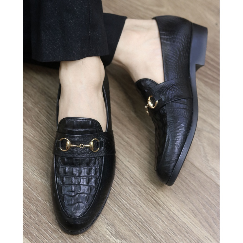 Giày lười nam da lì, giày nam công sở mặt dập vân 3D đế khâu chắc chắn mã L180