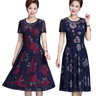 Đầm trung niên cổ tròn, đầm thun lưới, đầm cho mẹ
