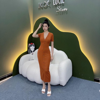 D328 - Đầm Body Sơ Mi Nút Len Gân