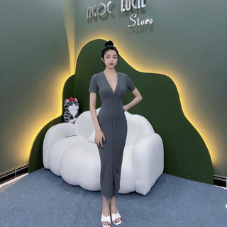 D328 - Đầm Body Sơ Mi Nút Len Gân