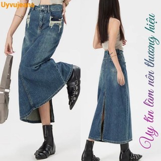 Chân váy jeans nữ dáng dài rách, váy jeans xẻ sau 2023