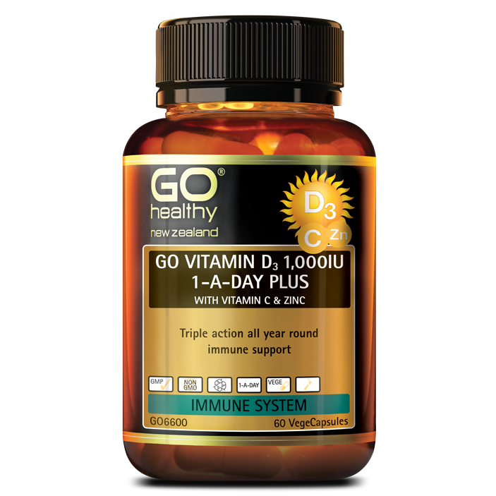 VIÊN UỐNG 3 TÁC DỤNG - Vitamin D3, C & Zinc - GO Healthy 1,000IU, 1-A-DAY PLUS