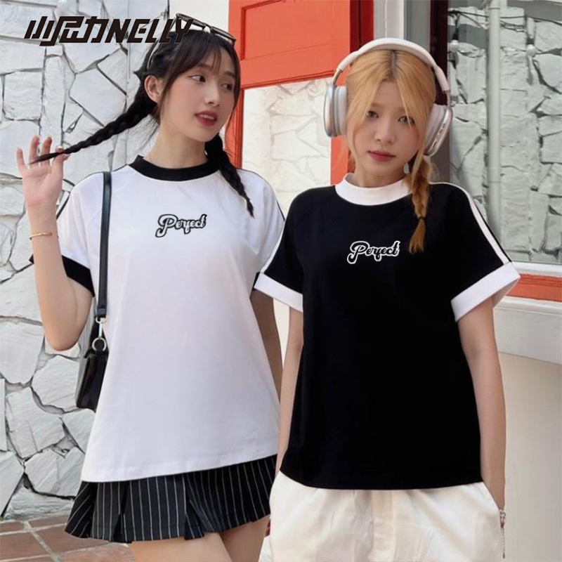 Áo baby tee thun nữ kẻ sọc NELLY cotton ngắn tay in hình perfect
