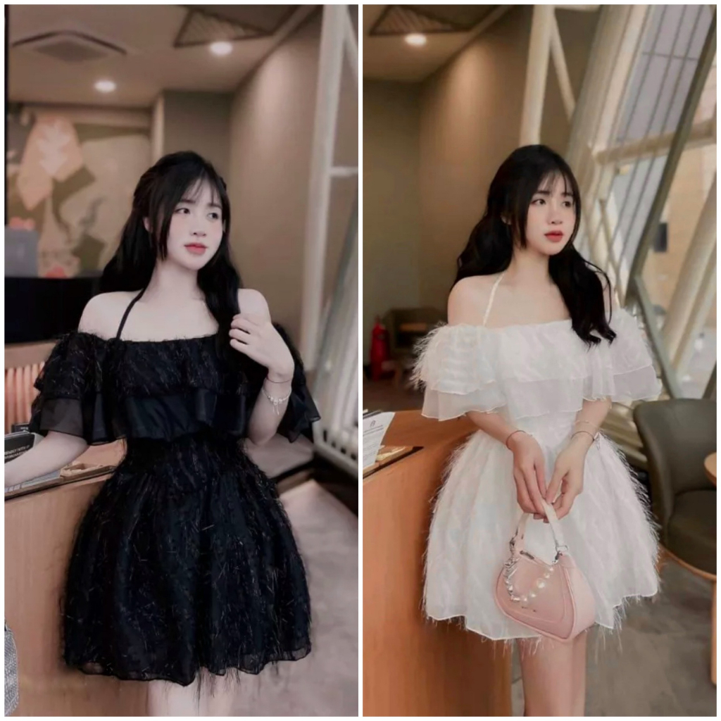 Váy cổ yếm trễ vai - Đầm trễ vai vải đính lông nhũ kim sa lấp lánh - V21
