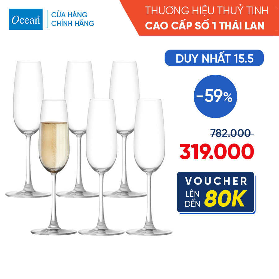 Bộ 6 ly rượu thủy tinh Ocean Madison Flute Champagne 210ml