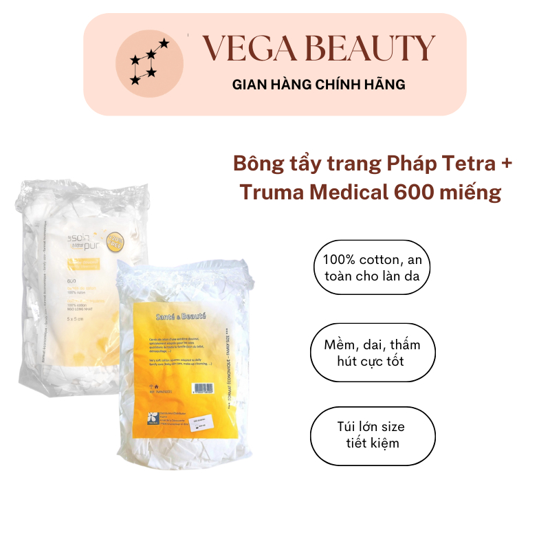 Bông tẩy trang Pháp Tetra/ Truma Le Soin Medical Carrés de Cotton 600 miếng mềm, dai, 100% từ cotton