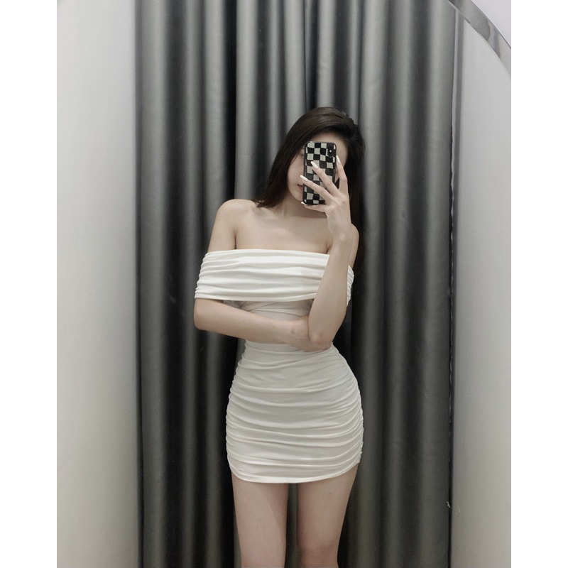 Đầm trễ vai nhún thun lụa
