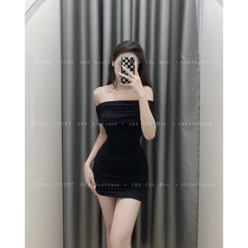 Đầm trễ vai nhún thun lụa