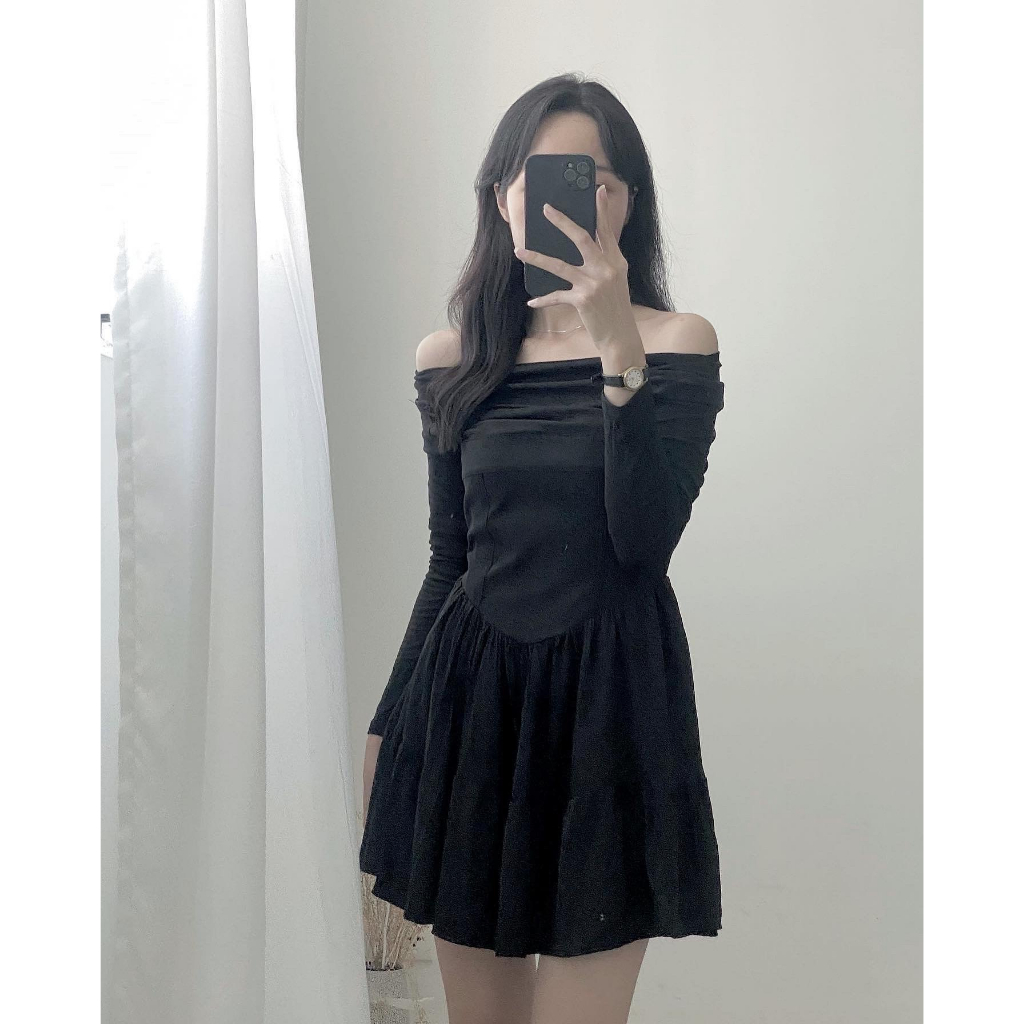 Đầm trễ vai tay dài corset tôn eo dáng xòe ngắn - Váy trễ vai cúp ngực dự tiệc - immin.h