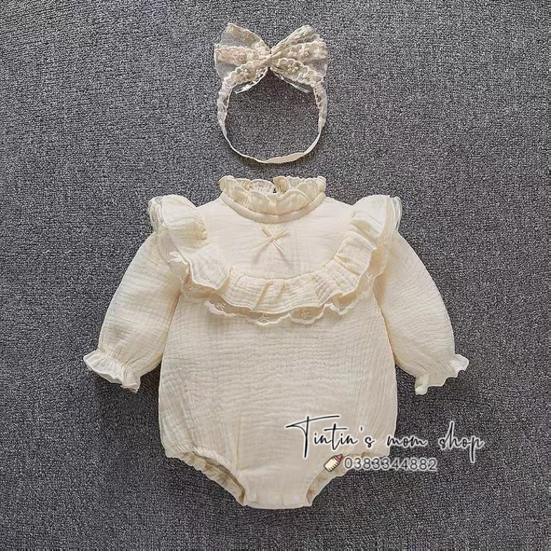 Sét body tiểu thư đầy tháng/ thôi nôi cho bé gái xô muslin kèm nơ