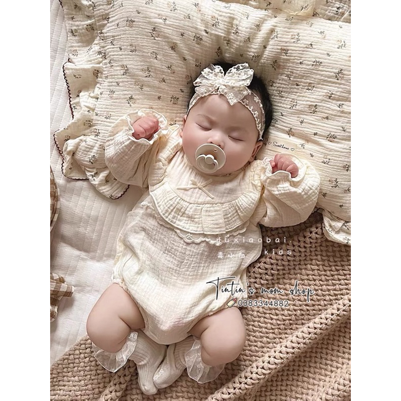 Sét body tiểu thư đầy tháng/ thôi nôi cho bé gái xô muslin kèm nơ