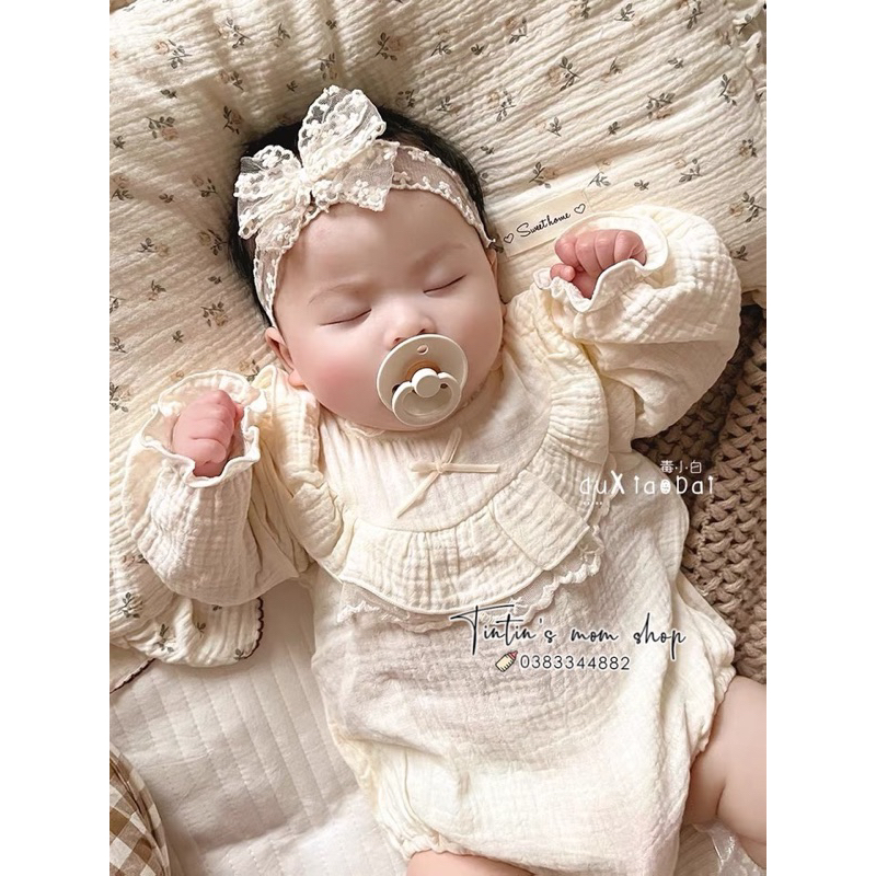 Sét body tiểu thư đầy tháng/ thôi nôi cho bé gái xô muslin kèm nơ