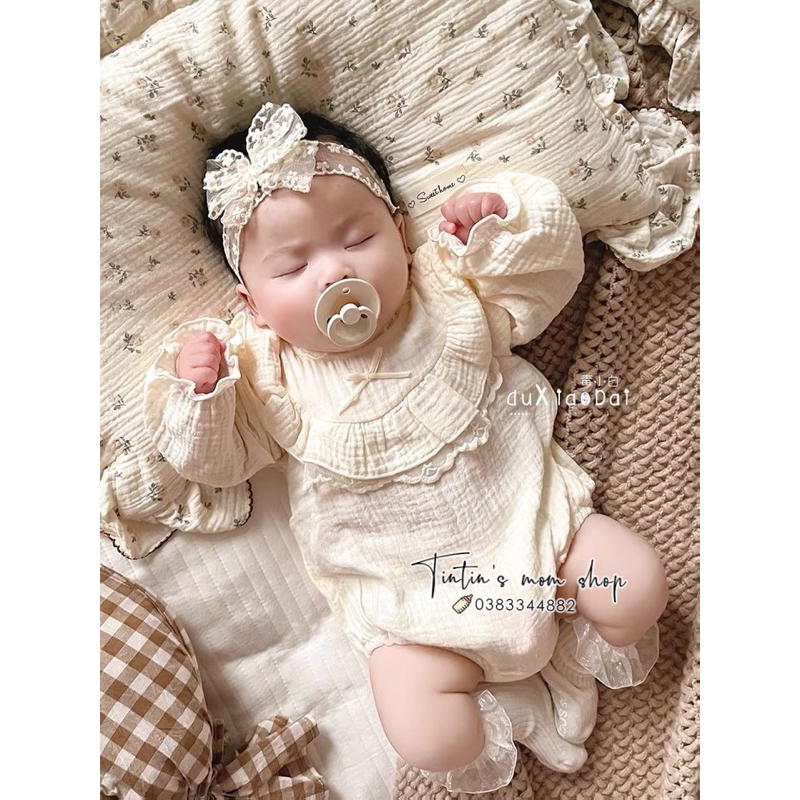 Sét body tiểu thư đầy tháng/ thôi nôi cho bé gái xô muslin kèm nơ