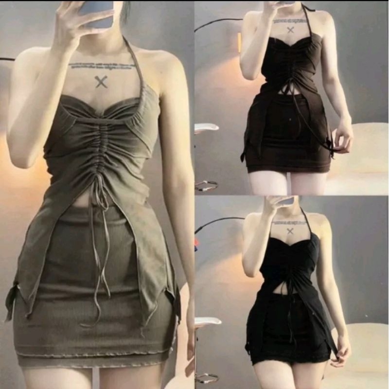 Set Áo Yếm HOTGIRL Gân Lạnh Rút Dây Xẻ Tà Cách Điệu + Chân Váy Chữ A