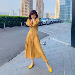 Đầm vàng bò cổ vuông nút dừa (kèm hình thật)