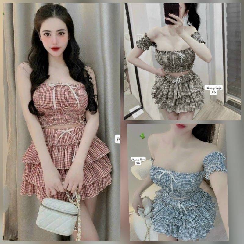 Set Áo Kiểu Croptop Nhúng Caro Kèm Chân Váy Tầng Sang Chảnh