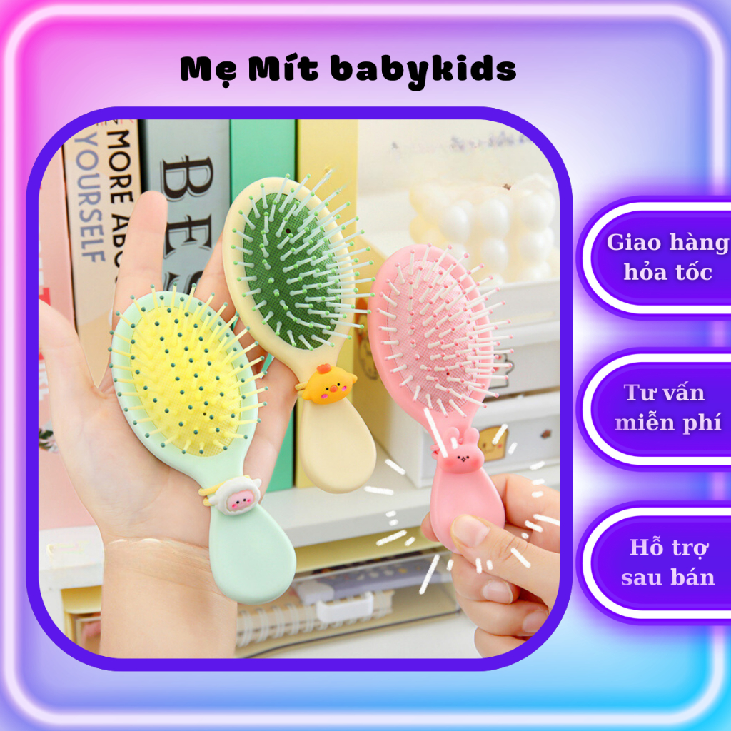 Lược kèm dây buộc tóc cho bé, lược gỡ rối chân tròn chống tính điện hoạt hình xinh xắn cho bé gái