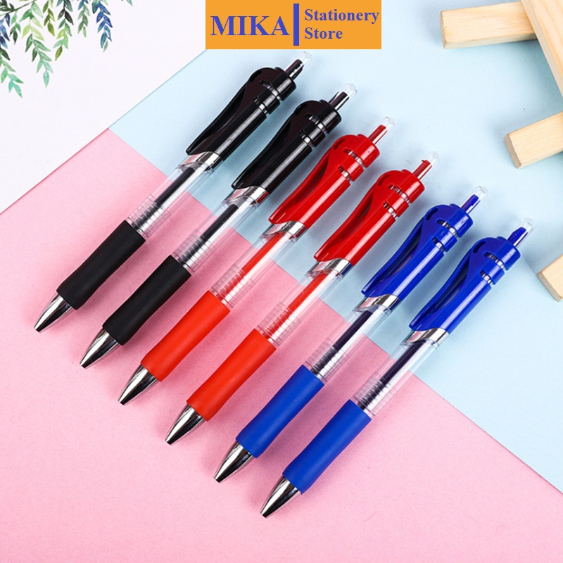 Bút gel bấm MIKA bút bi gel ngòi 0.5mm 3 màu xanh, đỏ, đen cao cấp mực đều B03