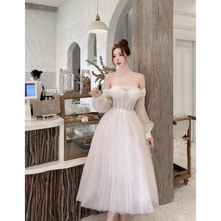 Đầm dự tiệc thiết kế trễ vai tay dài chết eo cúp ngực dáng bồng xòe công chúa 3 lớp siêu sang