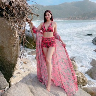 Set 3 món bikini + choàng đi biển màu tím, vàng, hoa hoangyen