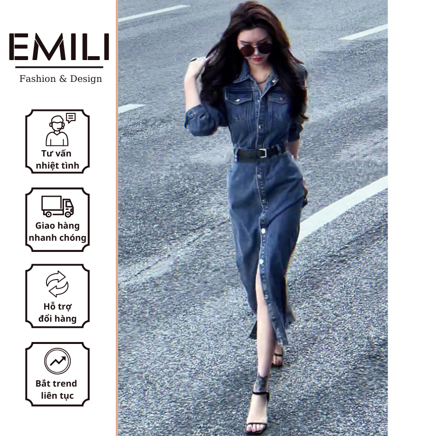 Váy jean nữ Emili dáng xẻ tà dài tay cổ sơ mi có thắt lưng kiểu cách [V155]