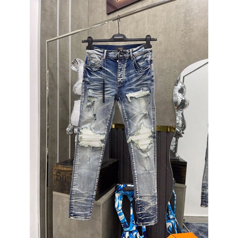 ⚡Hàng cao cấp⚡️ Quần Jeans Amiri Xanh Nhạt Vá Da Trắng Wash Rách - Form Size Chuẩn Dáng Skinny Chất Liệu Dầy Dặn