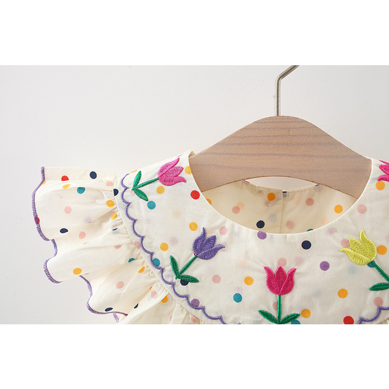 Váy Chấm Bi Mùa Hè Cổ Thêu hoa, Tay Cánh Tiên Cúc Cài Sau