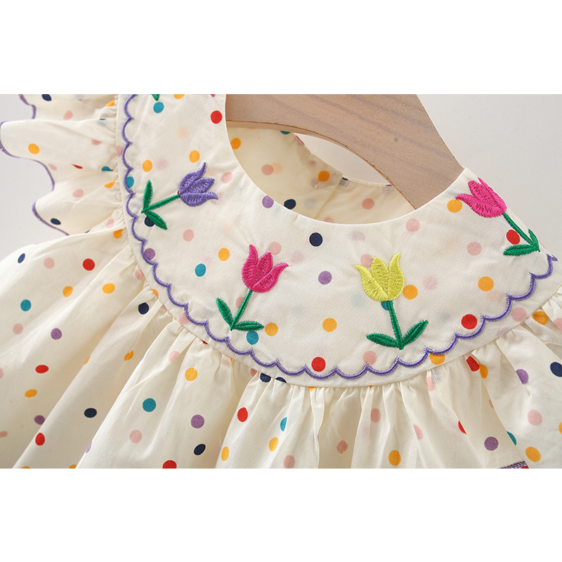 Váy Chấm Bi Mùa Hè Cổ Thêu hoa, Tay Cánh Tiên Cúc Cài Sau