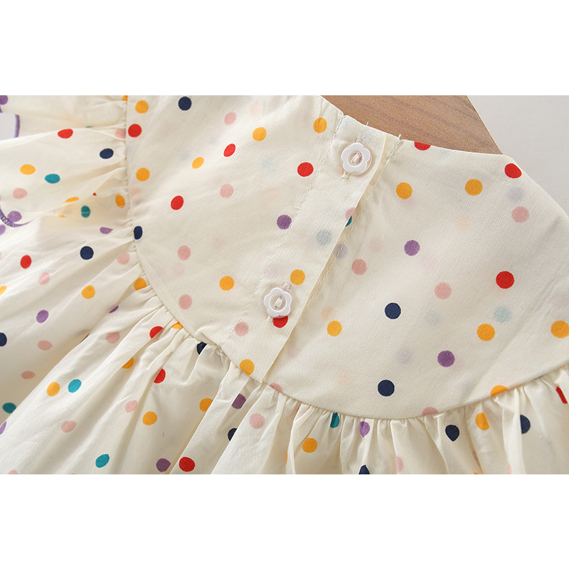 Váy Chấm Bi Mùa Hè Cổ Thêu hoa, Tay Cánh Tiên Cúc Cài Sau