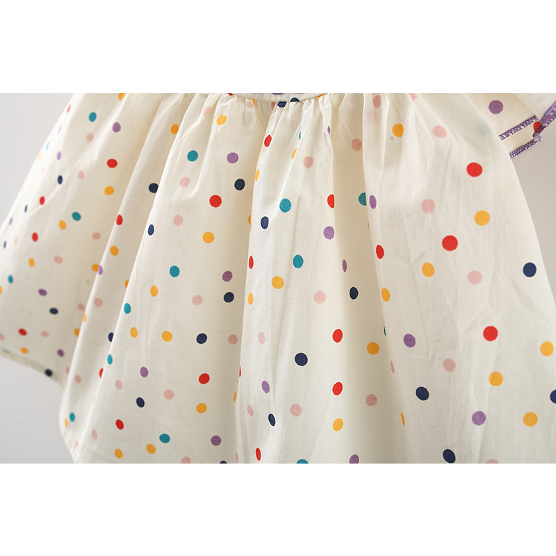 Váy Chấm Bi Mùa Hè Cổ Thêu hoa, Tay Cánh Tiên Cúc Cài Sau